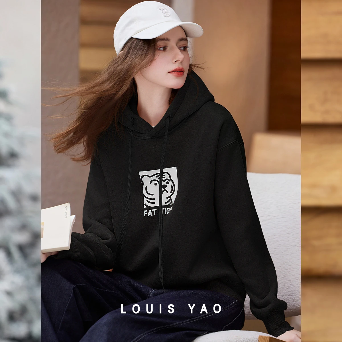 LOUIS YAO Women's Fleece‑Lined Thick Hooded Sweatshirt 2026 New Chinese‑Style Tiger Head Print Casual Pullover Hoodie