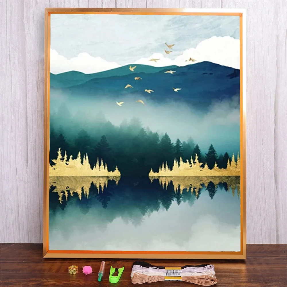 

Embroidery Kits Abstract Mountain Lake DIY Gift Printed Canvas Needlework Painting Cross Stitch Landscape Home Wall Decoration