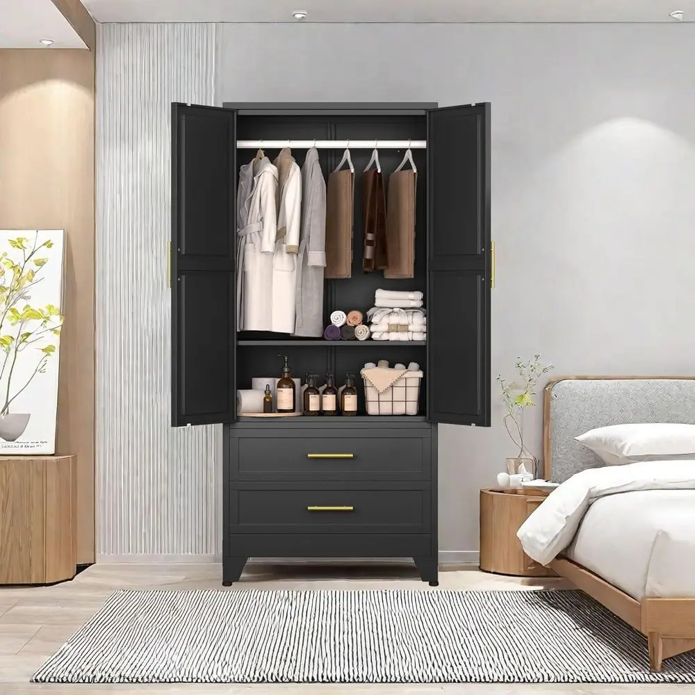 Industrial Black Steel Armoire interior drawers and hanging area