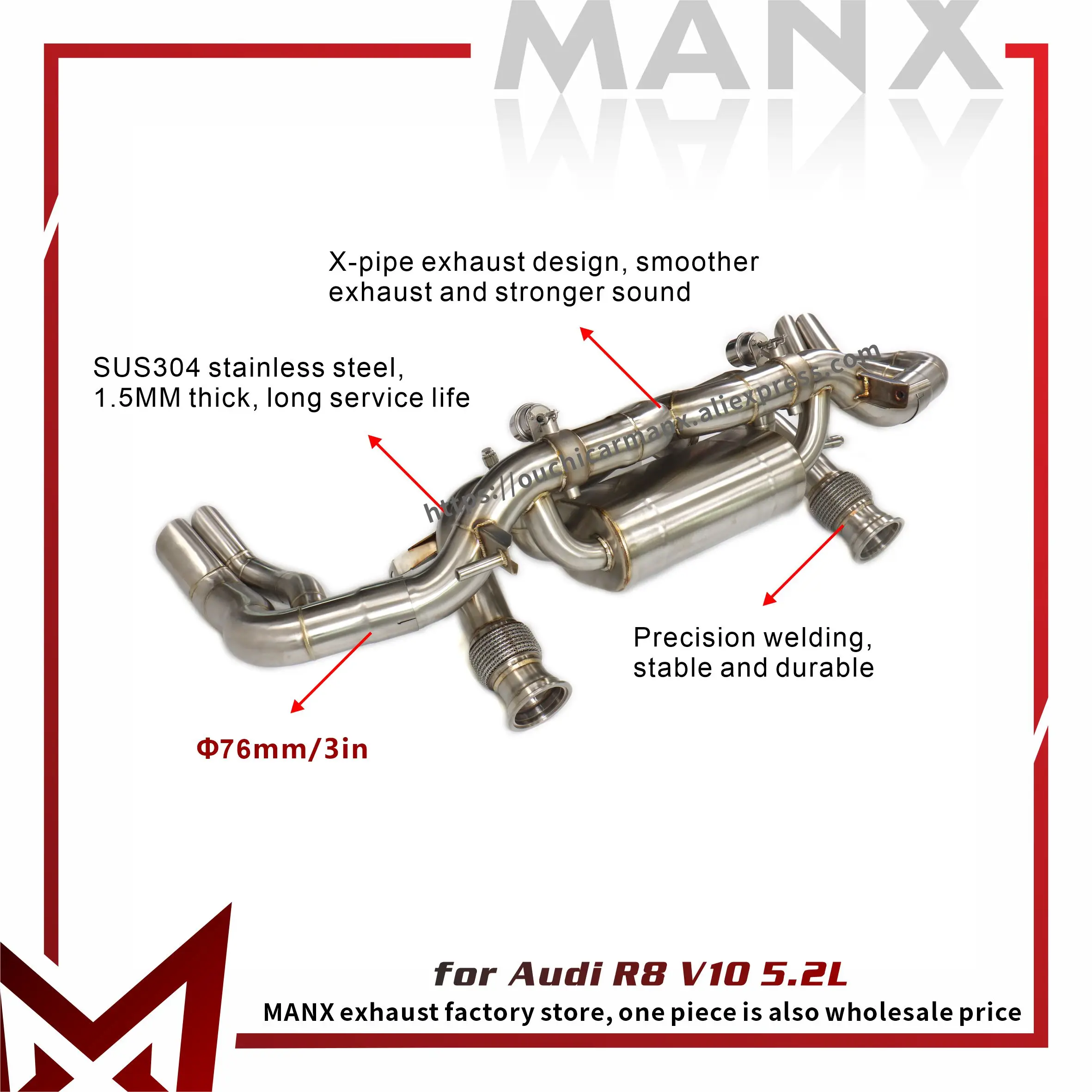 

MANX Exhaust system for Audi R8 V10 5.2L High precision Catback SS304 Support customization Exact Fit Vacuum