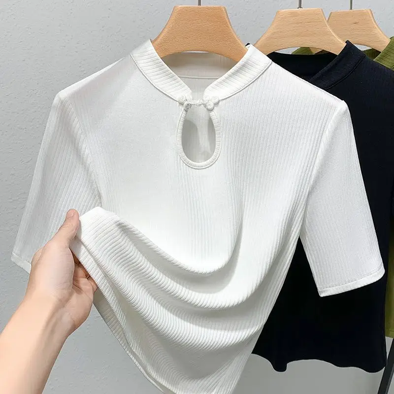 Summer Small Standing Neck Slim Vintage Button Chinese Style Screw Thread Solid T-shirt Women's Simple Casual Short Sleeved Top