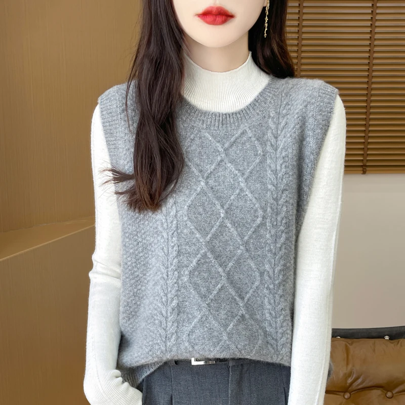 Twisted All Wool Knitted Sweater Vest For Women In Autumn And Winter, Versatile Round Neck Sleeveless Sweater, Camisole DMR D176