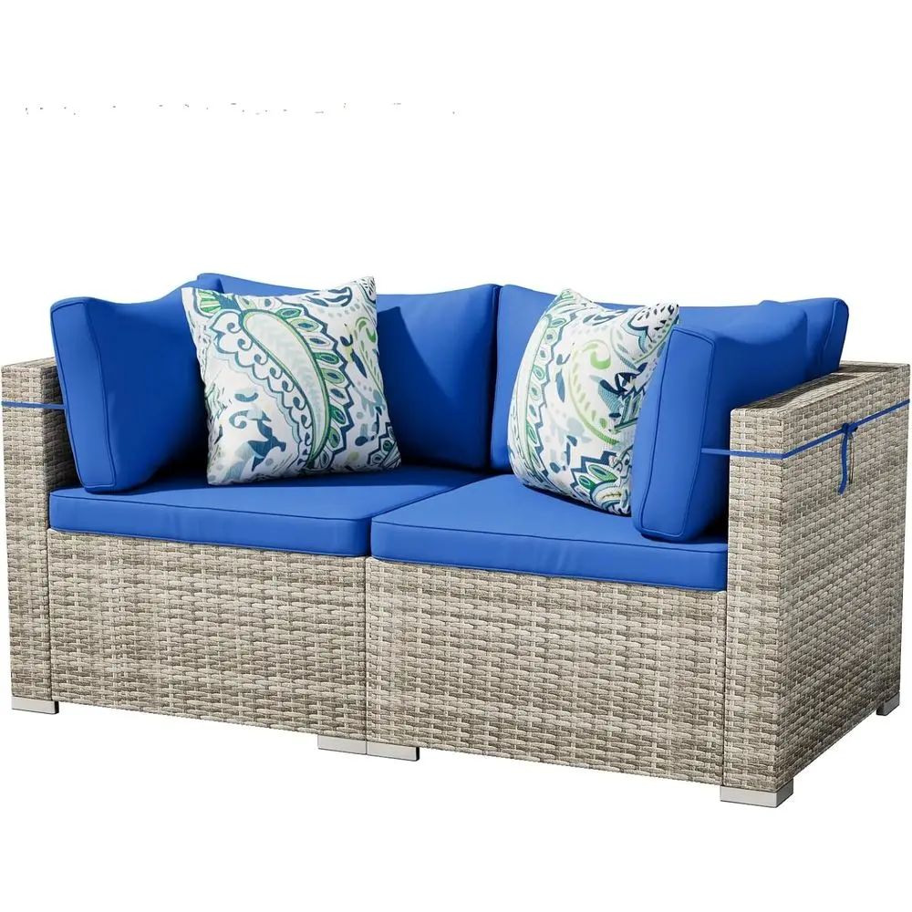 Weather-Resistant Grey 2-Piece Outdoor Wicker Sofa Set with Blue Cushions