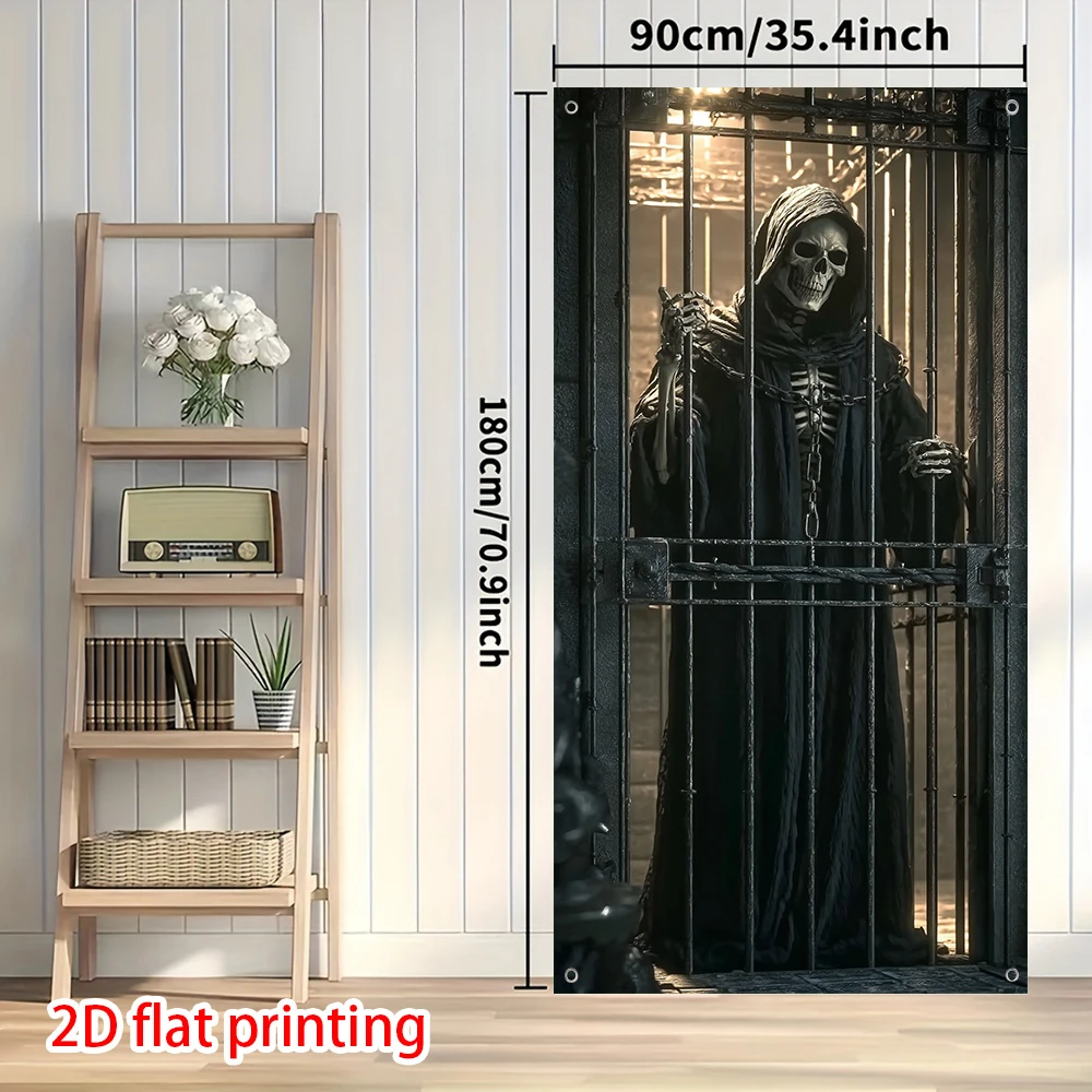 2D-Dekorationsbanner – Dekorationsbanner im gotischen Stil „Reaper of the Dead“, 2D-Flachdruck mit Totenkopf- und Käfigdekoration – Detail 7
