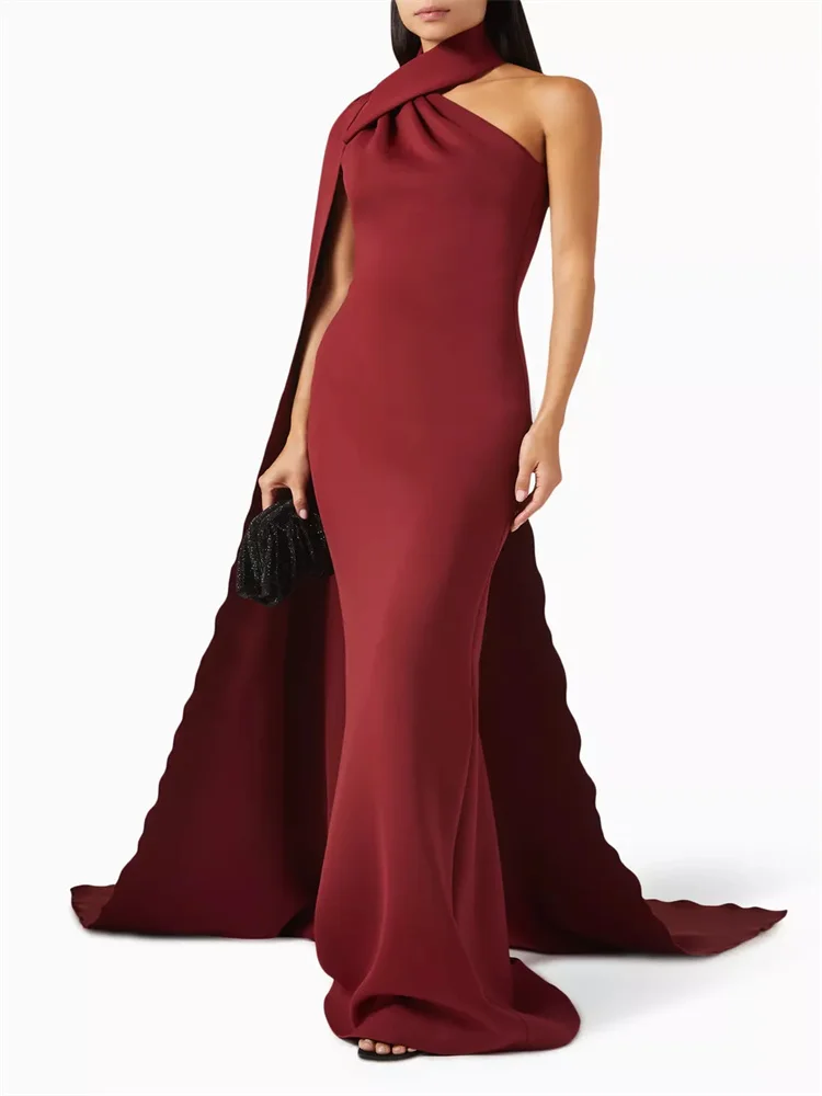 New Arrival One Shoulder Neckline Crepe Straight Evening Dress Elegant Back Zipper Floor Length Sweep Train Gown For Women 2024