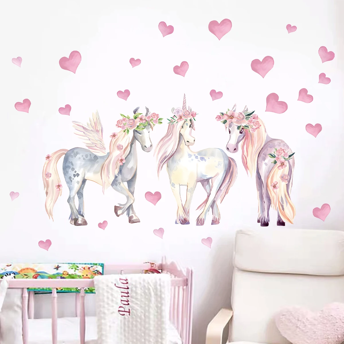 Pink Heart Cartoon Unicorn Wall Stickers Home Decor Accessories Living Room Wall Decals Bedroom Decoration Baby Nursery Kid Room