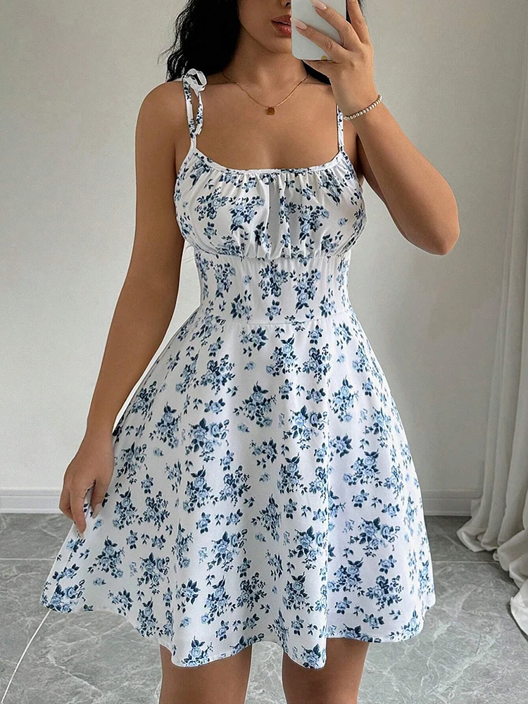 Vestido corto de playa con tirantes finos florales de verano para mujer, vestidos para mujer, ropa de mujer, ropa de mujer, vestido, nuevo en vestido 2025