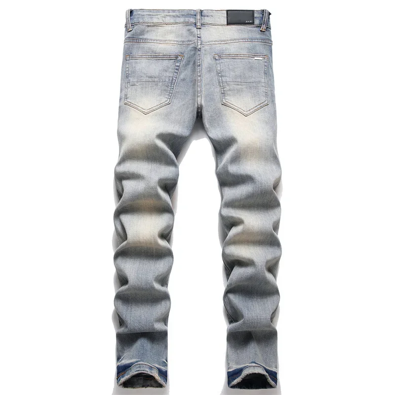 

High Quality Men’s Slim-fit Blue Ripped Jeans,Light Luxury Embroidery Decorating Sexy Jeans,Stylish Street Fashion Jeans;