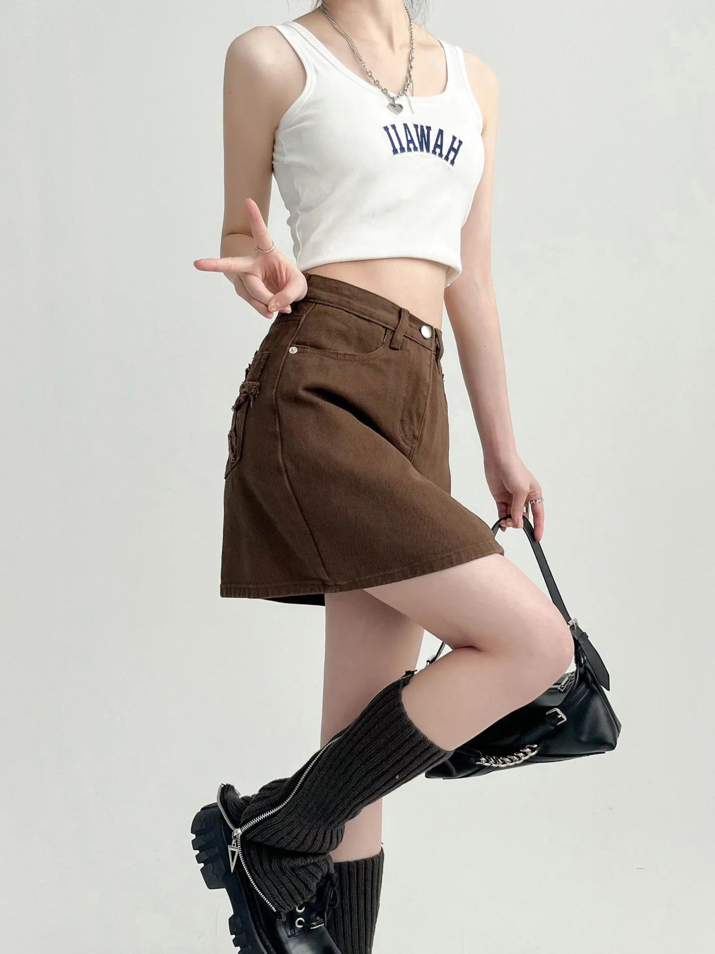 Retro Coffee Brown Denim  Skirt Women's High Waist A-Line Skirt Design Sensation  Fit Casual European Style