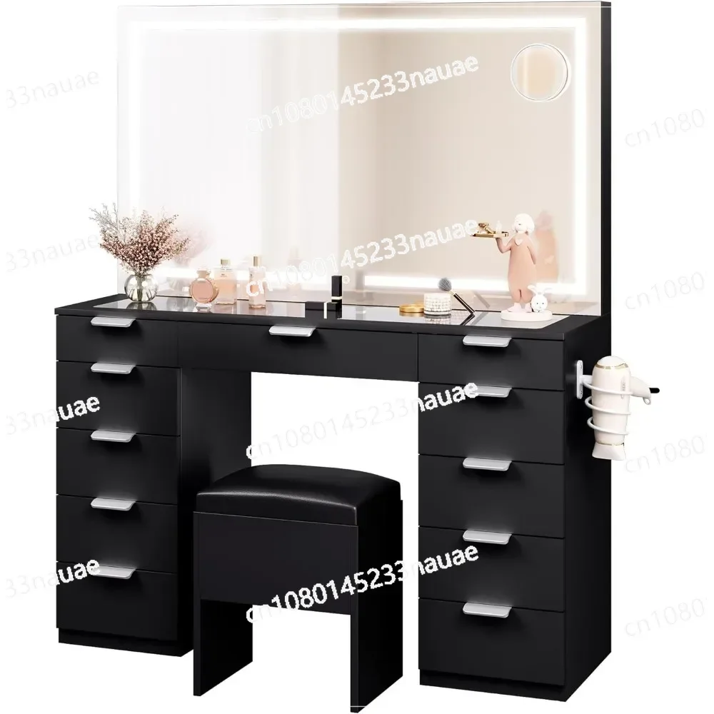 46'' Large Makeup Vanity Desk Set with Large LED Lighted Mirror & Power Outlet, Glass Top Vanity with 11 Drawers