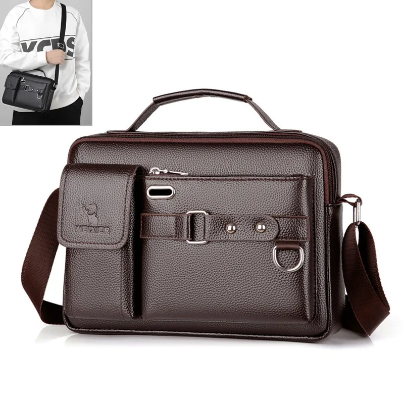 Large Capacity Men Shoulder Bag PU Leather Men\'s Messenger Bag Business Commuter Handbag Waterproof Wear-resistant Briefcase