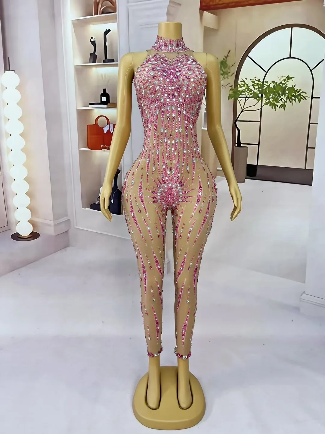 سباركلي الوردي الراين ضيق شبكة بذلة المرأة مثير أكمام أداء ملابس رقص شارع العليا نادي المرحلة ارتداء #4