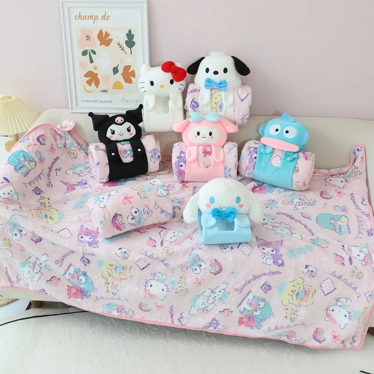 Sanrio Hello Kitty Kuromi Plush Rolling Blanket Cute Cartoon Anime Hangyodon Cinnamoroll Comfortable Nap Blanket Gifts