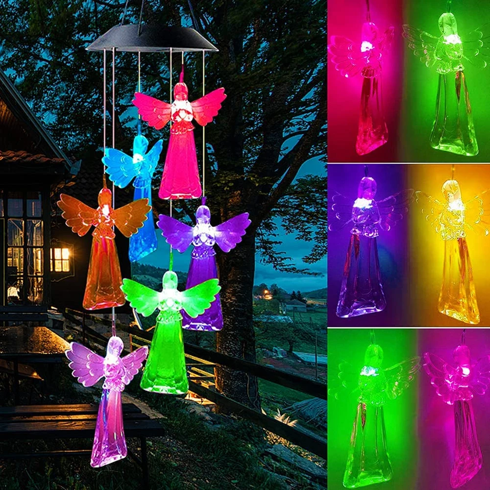 Carillón de viento de energía Solar que cambia de Color, colibrí, Ángel, mariposa, luz de decoración impermeable para exteriores, Patio, jardín