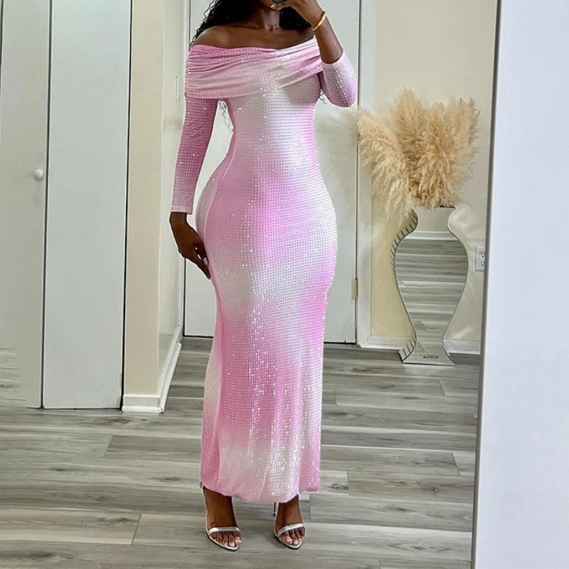 

Party Dress Women Night Dresses Print Slash Neck Pullover Long Sleeve High Waist Vestidos Sexy Slim Ankle Length Dress Sequin