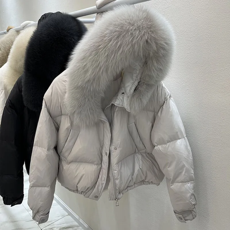 Korean short down jacket with real fox fur collar 2024 new fashionable loose winter thick white duck down jacket