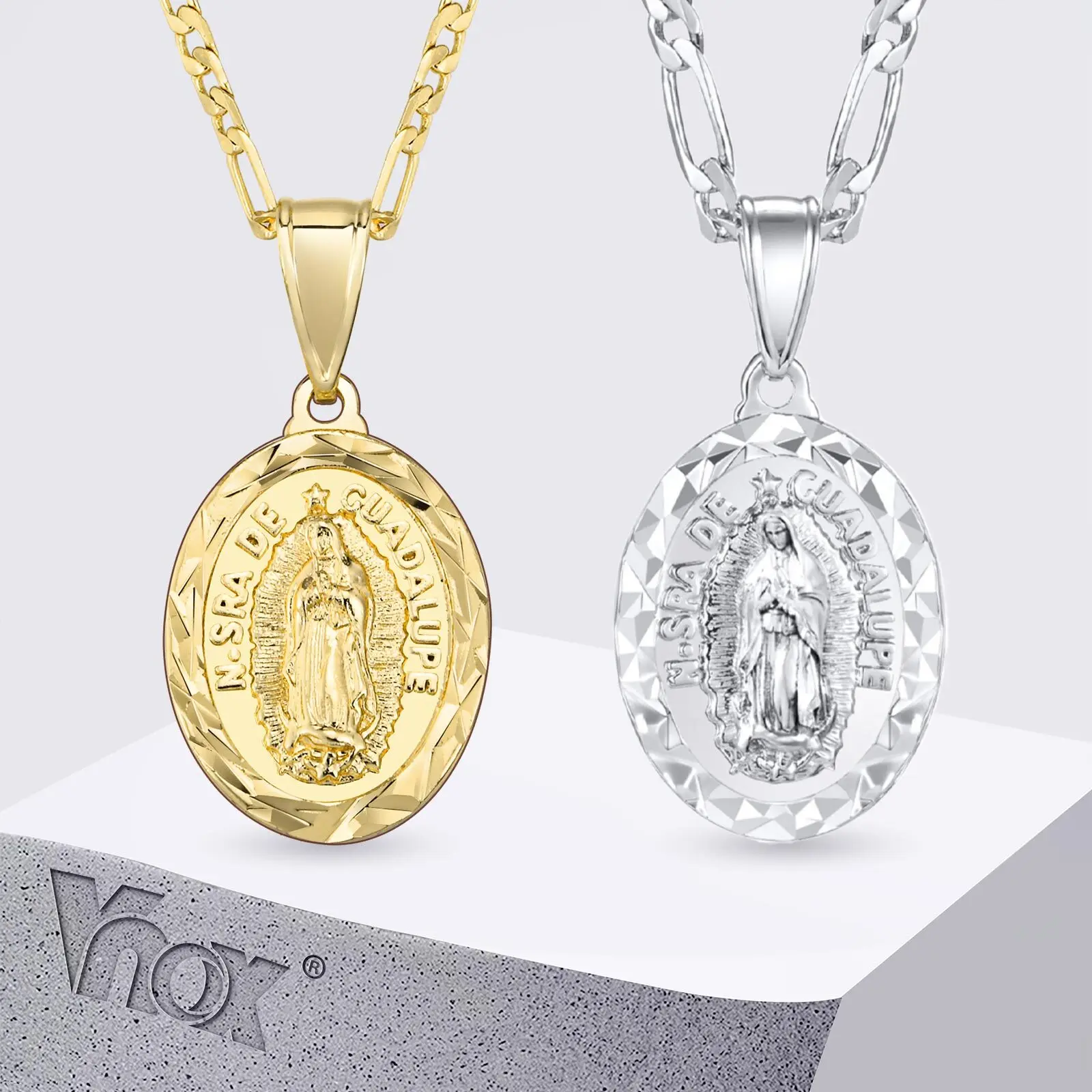 

Vnox Virgin Mary Necklace for Men Women, Copper 14K Gold Plated Catholicism Oval Pendant with Figaro Chain, Faith Prayer Jewelry