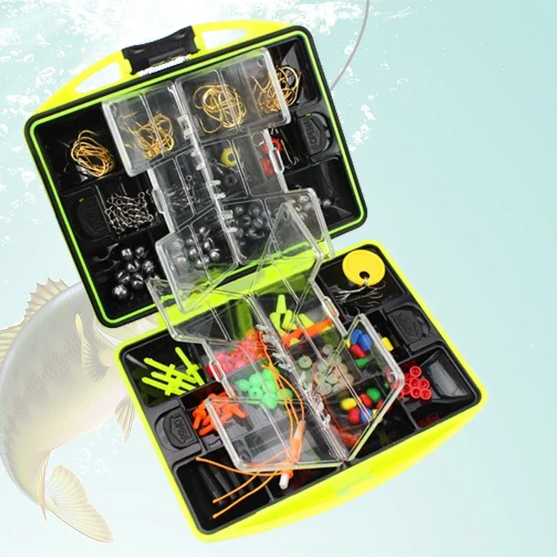 

Рыболовный набор с коробкой для рыболовных снастей, включая крючки, грузила, вертлюги, защелкивающиеся бусины для лески