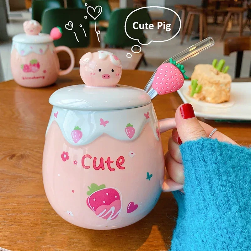 Pig Mug Ceramic Strawberry Cup Korean Girl Cute Pink Mug with Cover Spoon High Temperature Resistant Couple Gift Cup