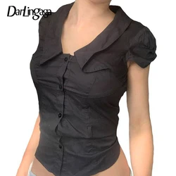 Darlingaga Fashion Chic Slim Black Women Blouse Top Cropped Buttons-Up Gothic Dark Design Summer Shirt Cardigans Casual Korean