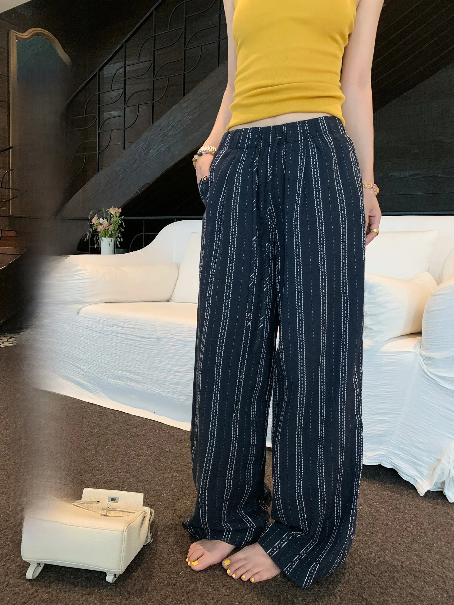 

Женские летние повседневные брюки Hhi в стиле ретро, в полоску, с высокой талией, свободные, широкие, длинные, универсальные, для работы и повседневной носки