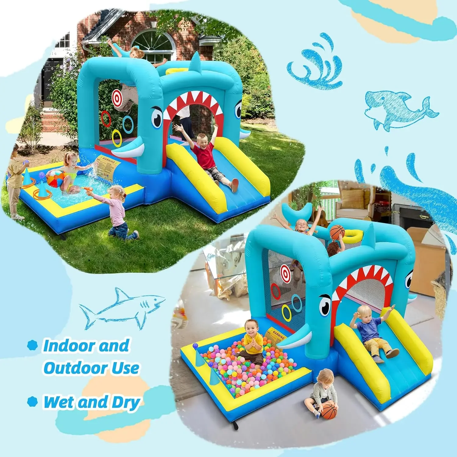 บ้านตีกลับทําให้พอง: Jump Bouncer Castle Slide Combo - 7 in 1 สําหรับเด็ก 3-8 - พร้อมเครื่องเป่าลม 370W - สําหรับในร่มกลางแจ้ง