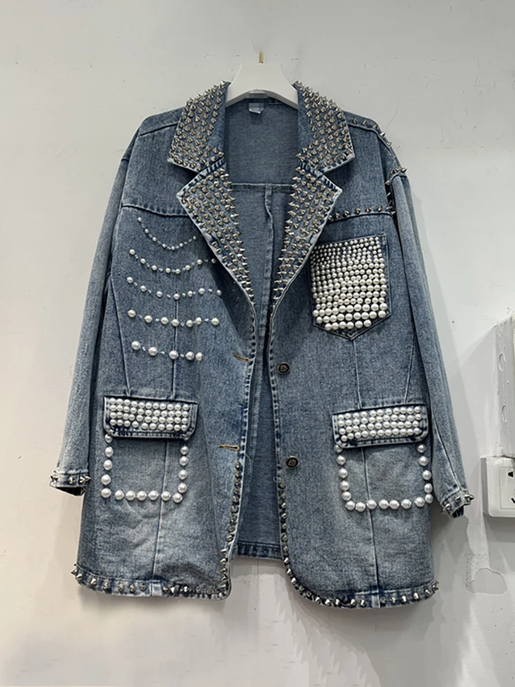 DEAT Women Denim Blazers Patchwork Notched Collar Pearls Diamond Embroidered Flares Suit Jackets 2024 Summer New Fashion 29L6434