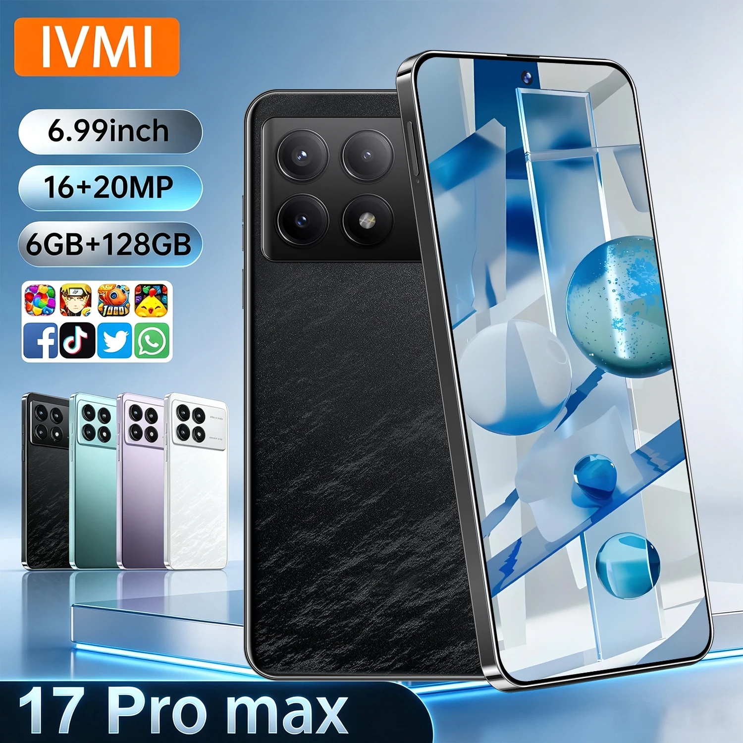 هاتف IVMI 17 Pro Max الذكي، ذاكرة 6+128 جيجابايت، نظام أندرويد 12، شريحتي اتصال، فتح قفل الوجه، متجر جوجل بلاي، شبكة 4G، هاتف محمول رخيص عالمي