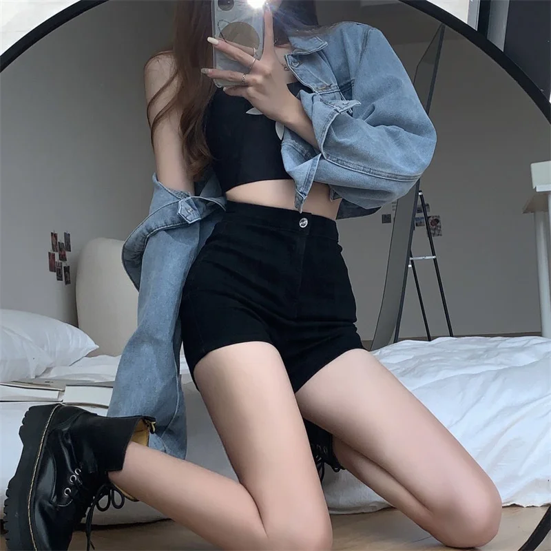 

Black Denim Jeans High Waist Standard Fit Micro Stretch Polyester Fabric Folded Hemline Women's Spring Summer Fashion Trousers