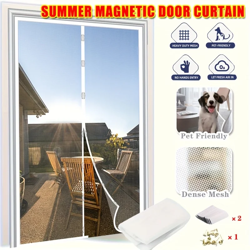 White magnetic screen door, summer mosquito proof breathable mesh curtain, pet friendly, no drilling installation