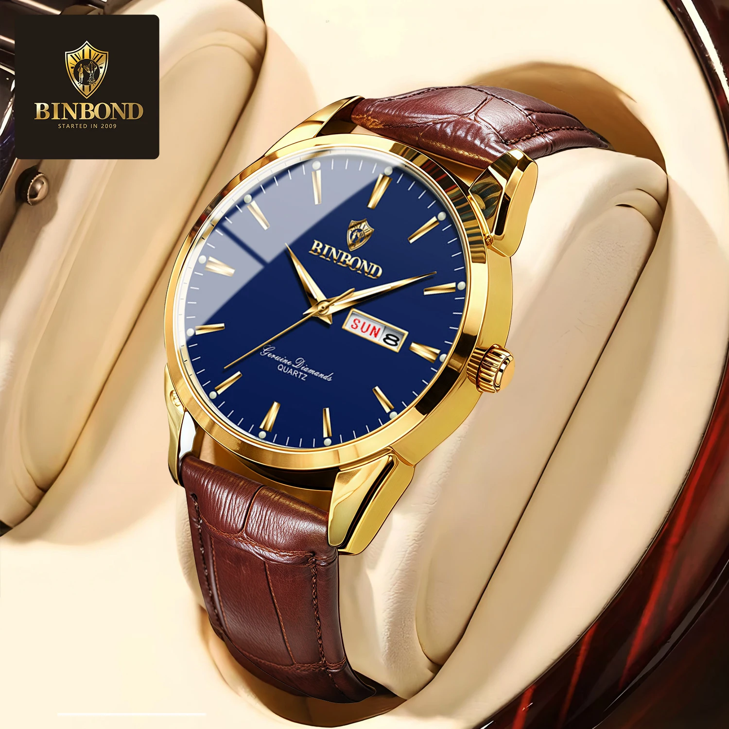 BINBOND Simple Fashion Men's Watches Leather Strap Mineral Glass Original Quartz Watch for Man Waterproof Luminous Date Week New