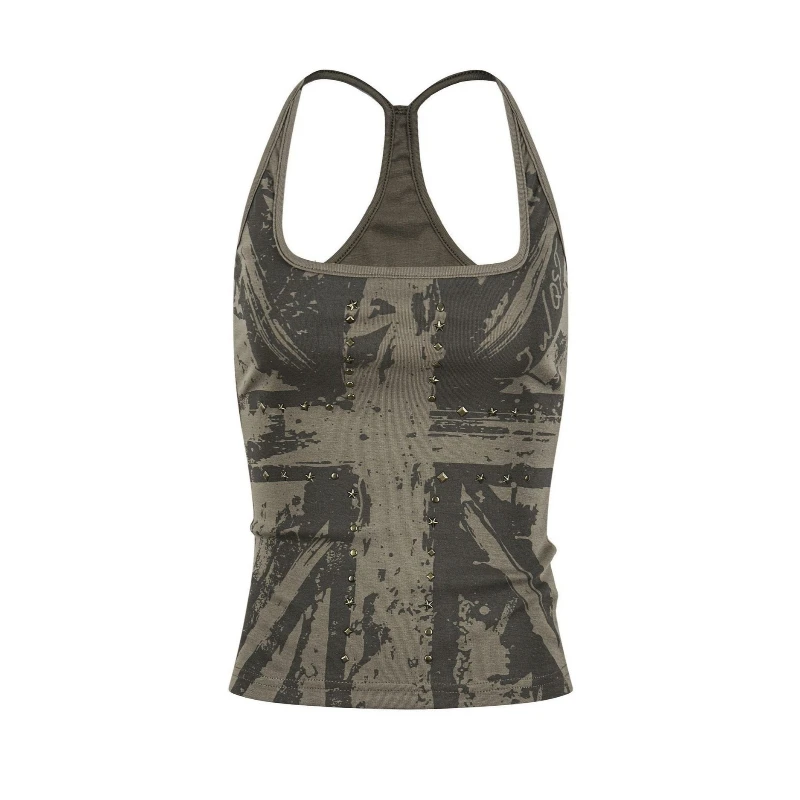 Women's Vintage Union Jack Print Star Rivet Studded Y-Back Sleeveless Cami Top Gothic Punk Slim Crop Vest Streetwear Tank