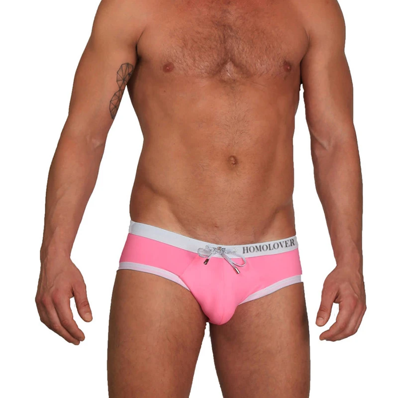 Costume da bagno da uomo slip da bagno con coulisse regolabile pantaloncini Gay Sexy rosa estate costumi da bagno per feste in piscina per ragazzi