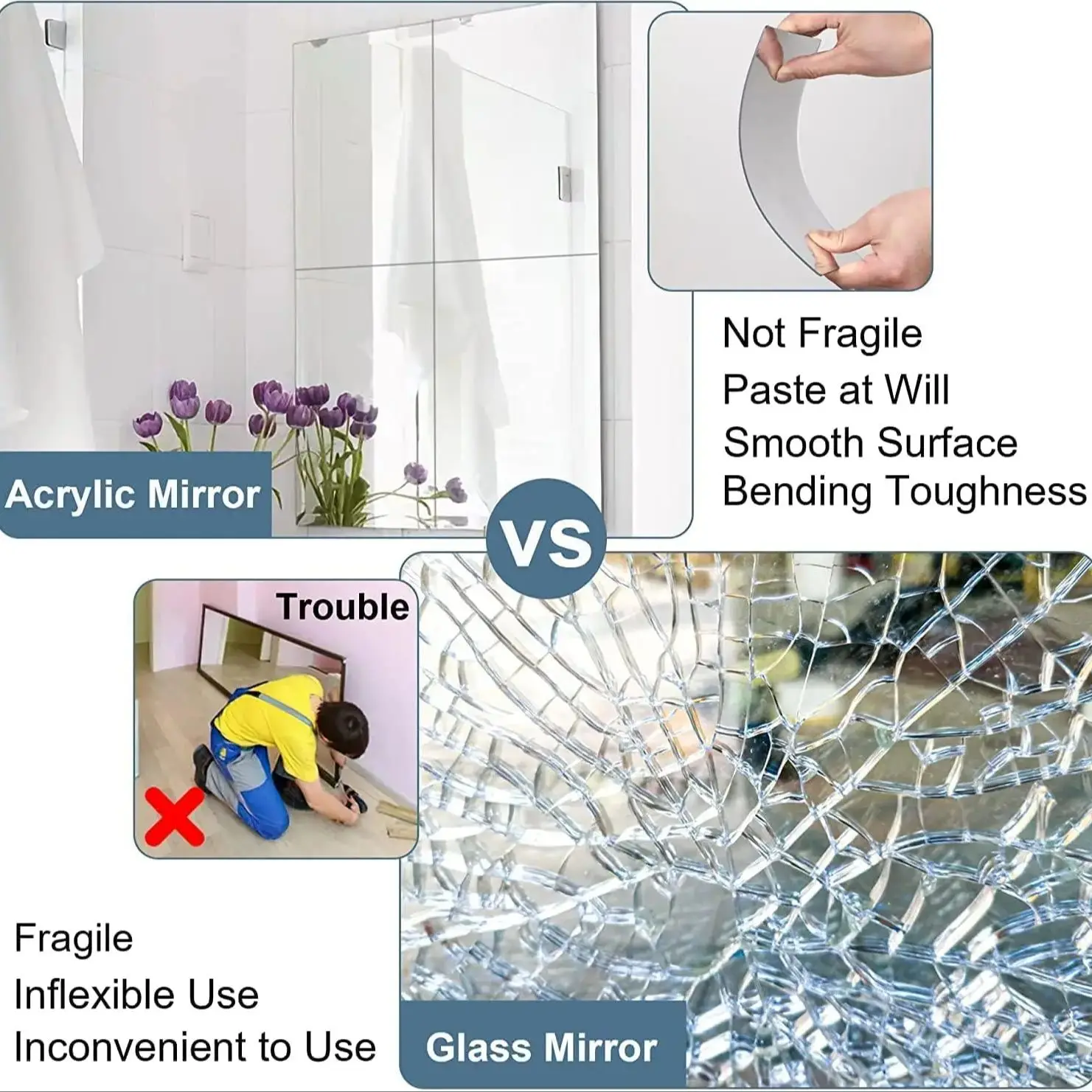 Paquete de 4 espejos acrílicos autoadhesivos inastillables, azulejos de espejo de 12x12 pulgadas, hojas de espejos de plástico flexibles sin marco, pegatinas de pared