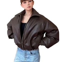 Thicken Warm PU Down Cotton Jacket Female Vintage Turn Down Collar Parkas Coat For Women 2024 New Puffy Outwear Winter Jacket