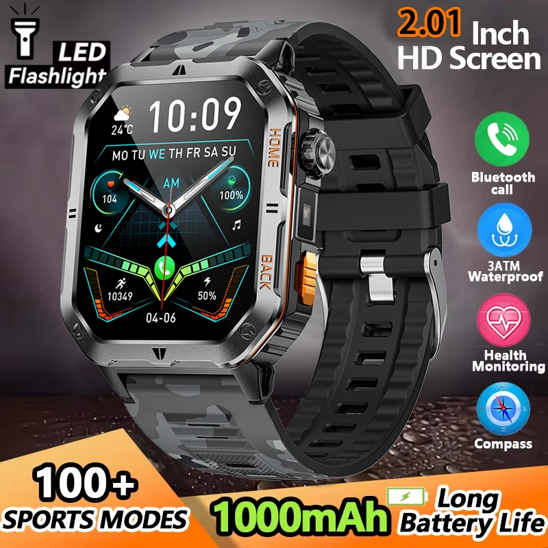 

2025 New Smart Watch Men 1000mAh Large Capacity Battery Outdoor Flashlight Bluetooth Call Waterproof Sport Fitness Smartwatch