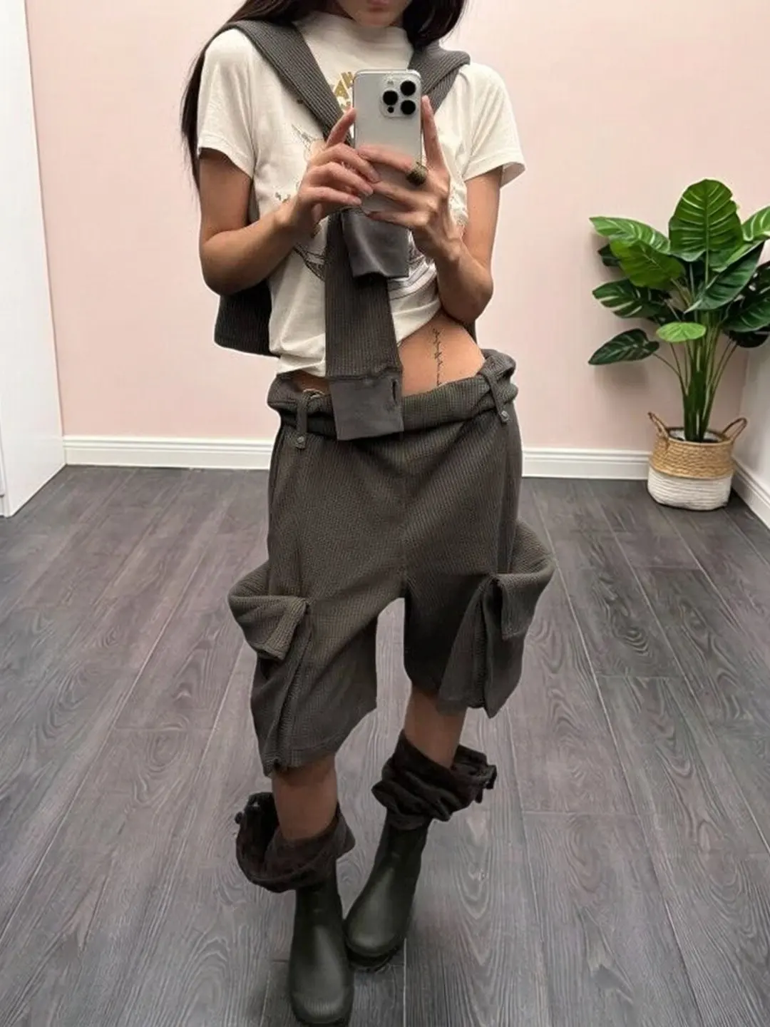 Casual Grey Workwear Short Pants Korean Style Loose Fit Turn-Up Pockets Five-Quarter Straight Leg Pants Summer Leisure Trousers