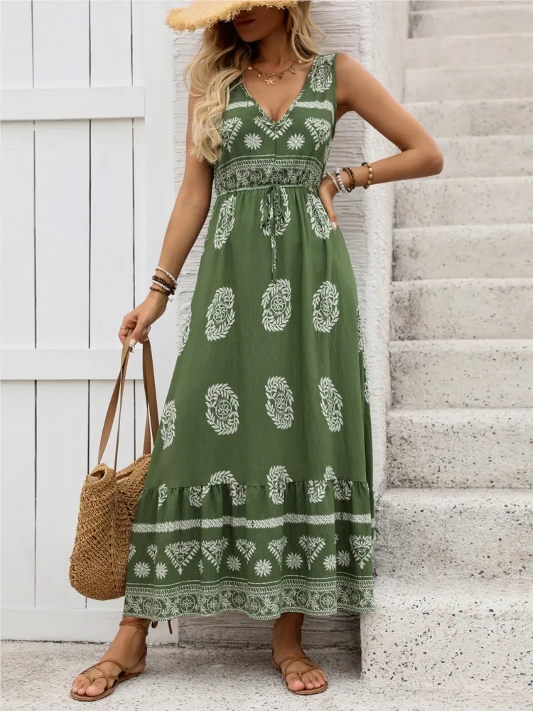 Fashion V Neck Dress For Women Casual Print Sleeveless Loose Dresses Lady Boho Holiday Beach Skirts Womens Clothing Robe Femme