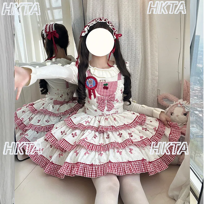 

Original Kawaii Girl's Lolita Dress Jsk Japanese Woman's Sweet Slimming Y2k Strap Dress Cute Princess Bow Print New Summer Dress