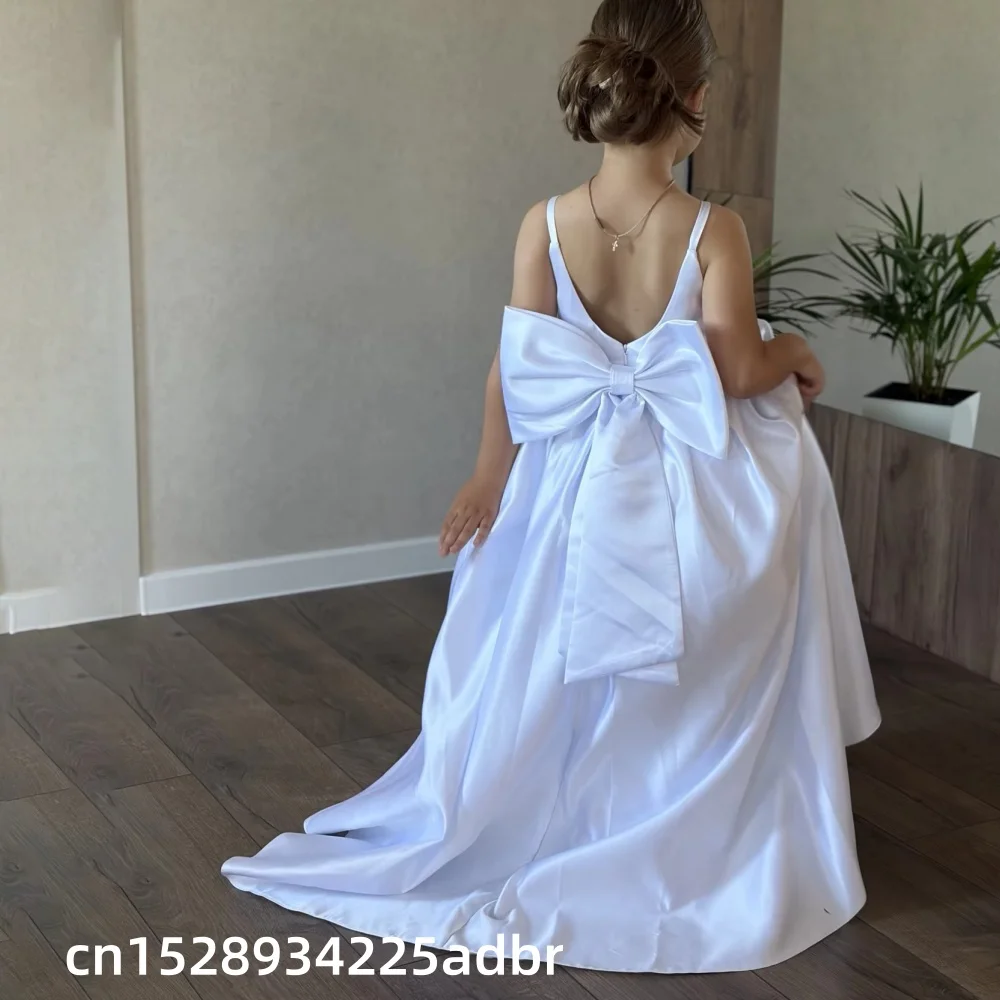 White Flower Girl Dress With Bow Strap Mini Bridal Wedding Dress Kids Ball Gown Customized Vestidos De Noiva Ballet Dance Dress