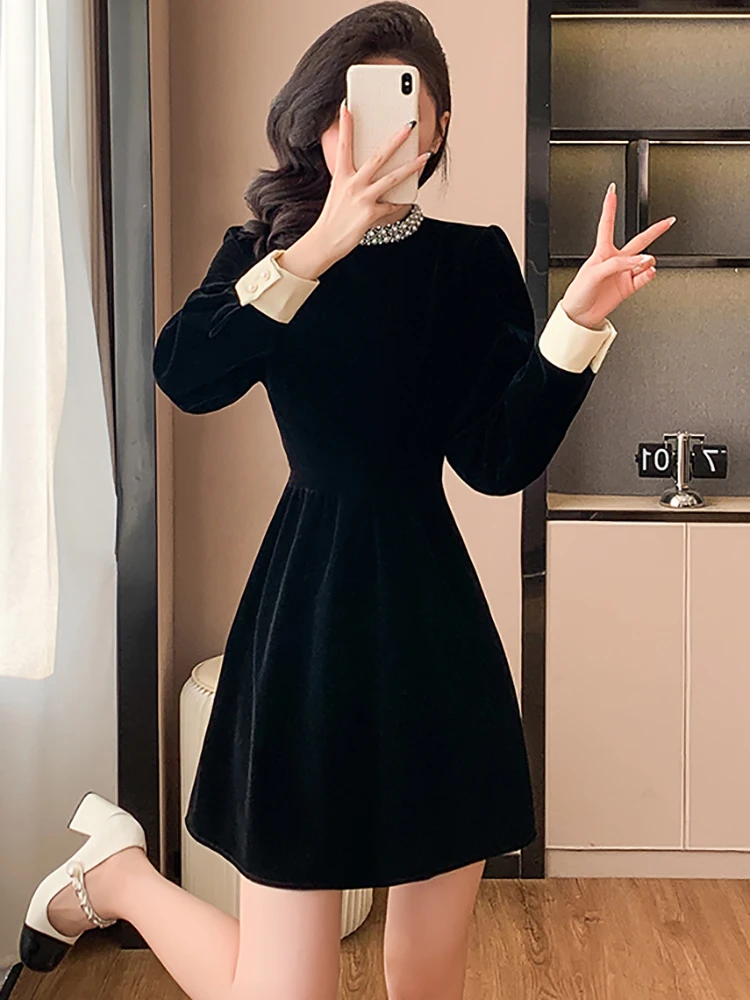女性韓国ヴィンテージヘップバーン風プロムドレス秋冬ブラックベルベットダイヤモンドスタンドカラードレス2025エレガントボディコンパーティードレス