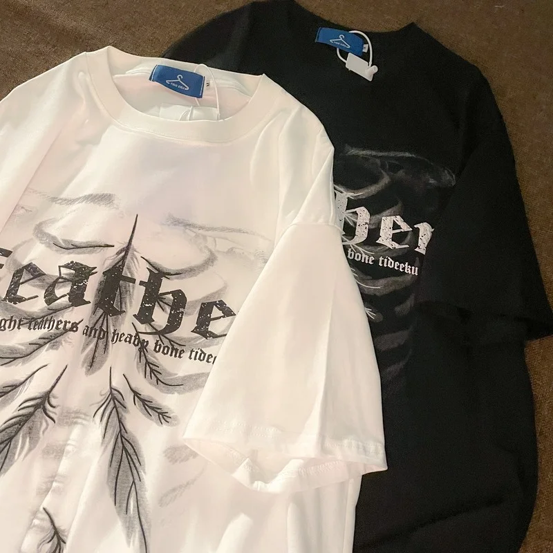 2022 Summer Oversized T-shirt Female Light Featber Skull Bones Print Short Sleeve Streetwear Harajuku Gothic Summer Women Tops
