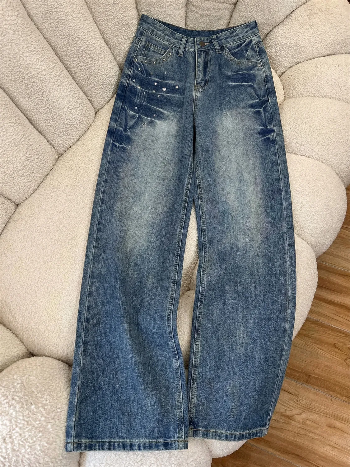 Calças Jeans de Cintura Alta com Pernas Largas, Design Moderno com Aplicações, Casual de Verão, Novo Estilo Americano Retrô, ...