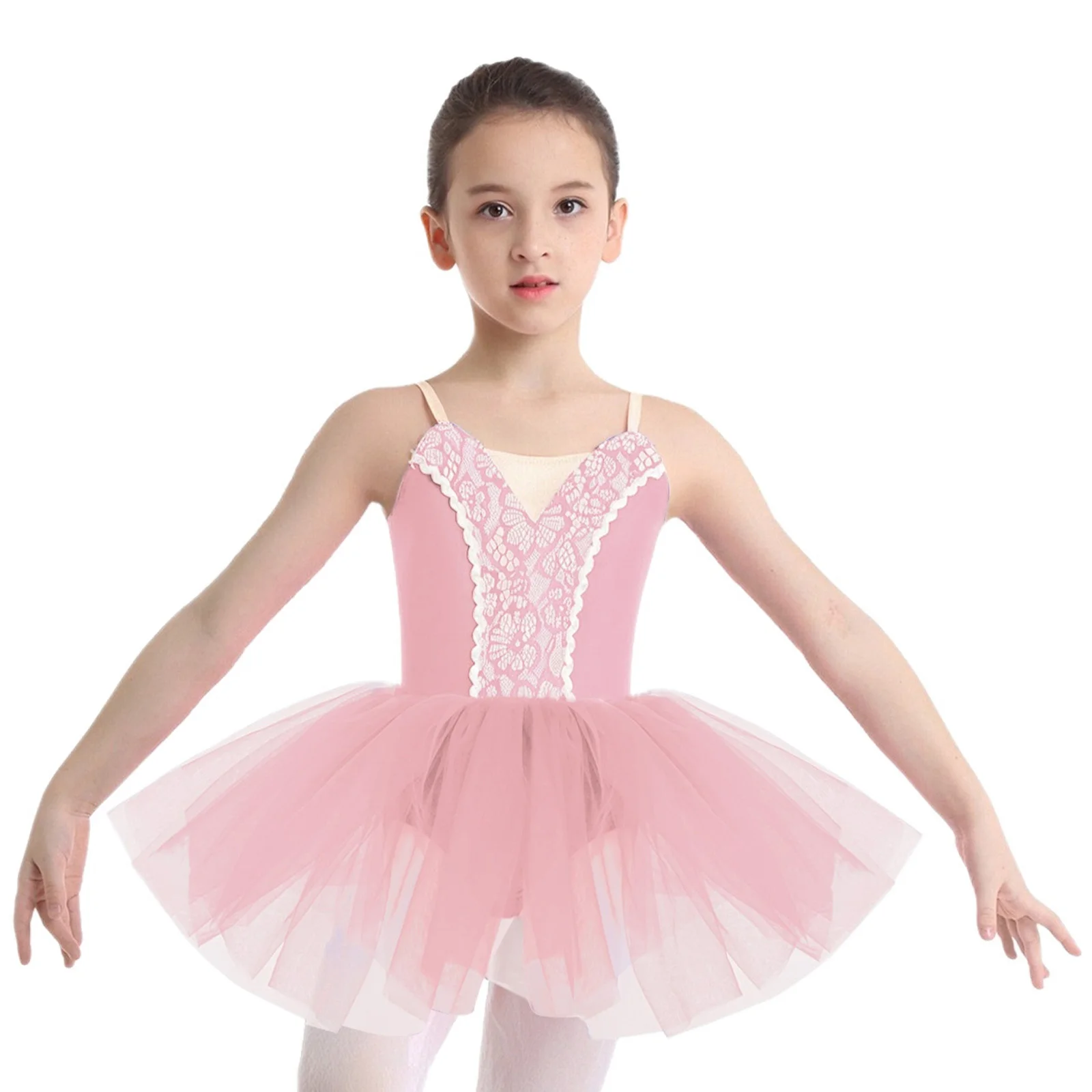 Kids Girls Tutu Ballet Stage Dance Performance Dress Elegant Sleeveless Front Lace Mesh Ballet Dance Tutu Mesh Dress Dancewear
