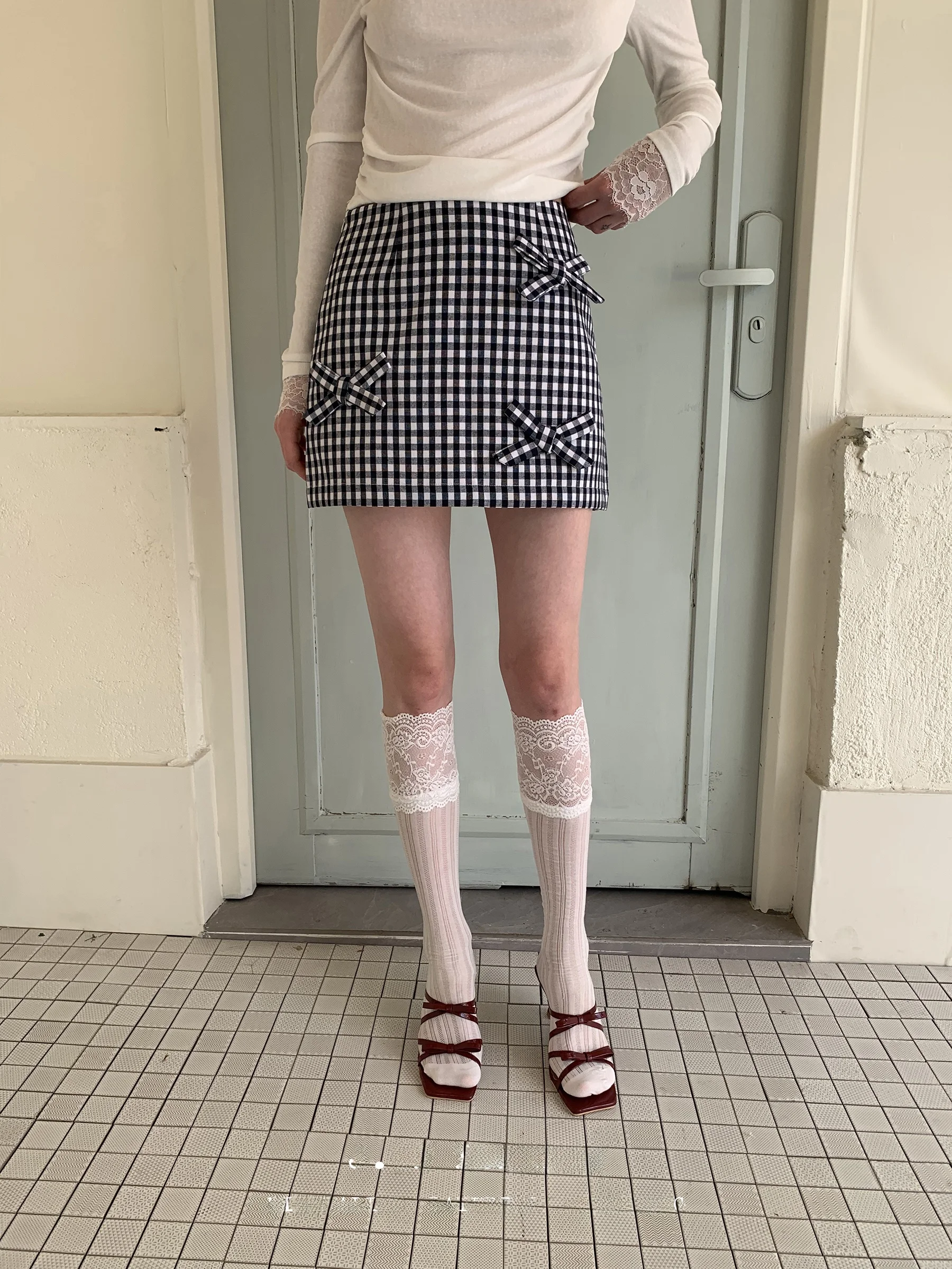 

Юбка-трапеция JDE в клетку для весны и лета, женская короткая юбка с завышенной талией, повседневная хлопковая юбка с завязками, из хлопка и полиэстера