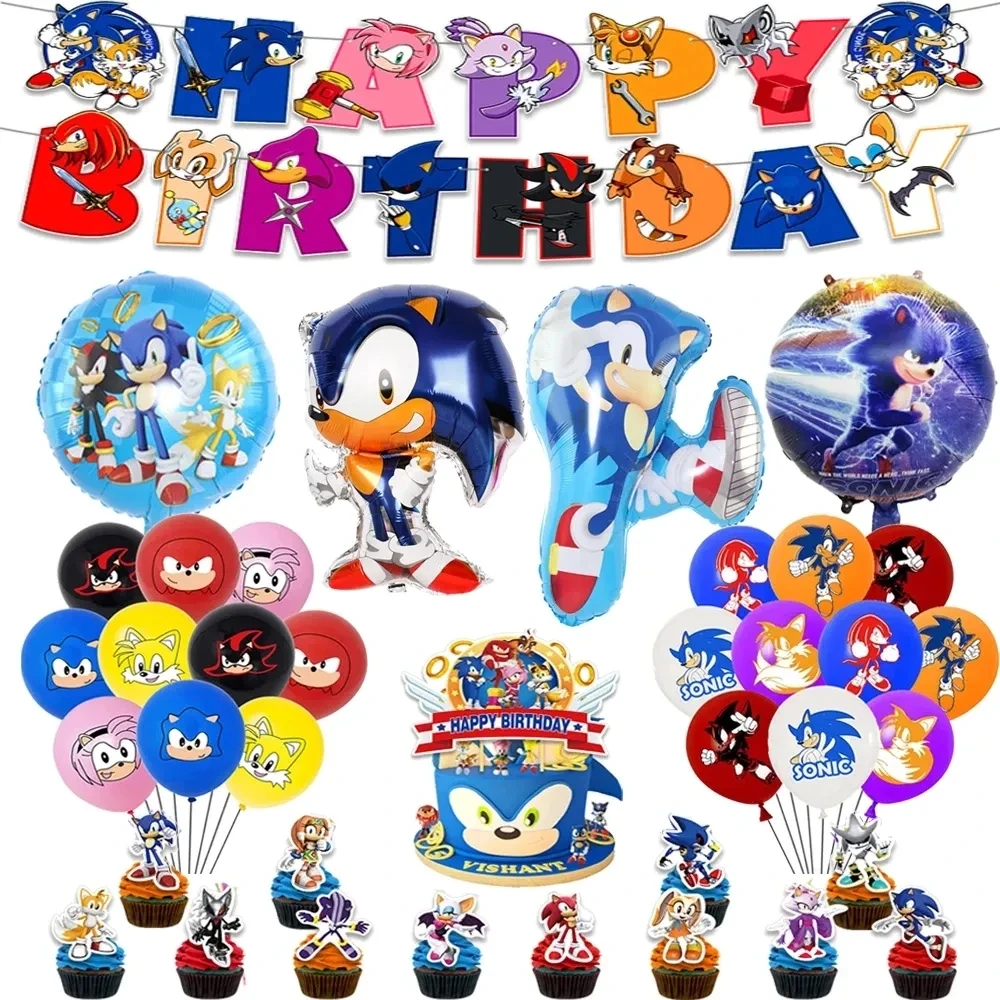 Cartoon Blue Flash Hedgehog Ballons Game Happy Birthday Banner Party Decoration Boy Soniked Party Supplies Balloon Cake Topper