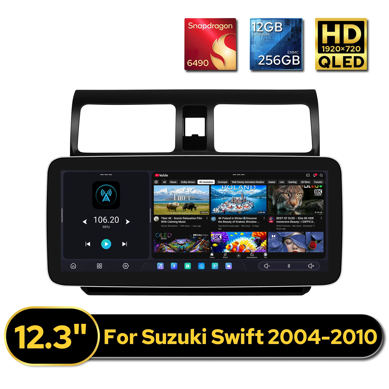 New 12.3 Inch 12GB+256GB Android Car Stereo for Suzuki Swift 2004-2010 QLED HD 1920x720 Multimedia Player CarPlay&Android Auto