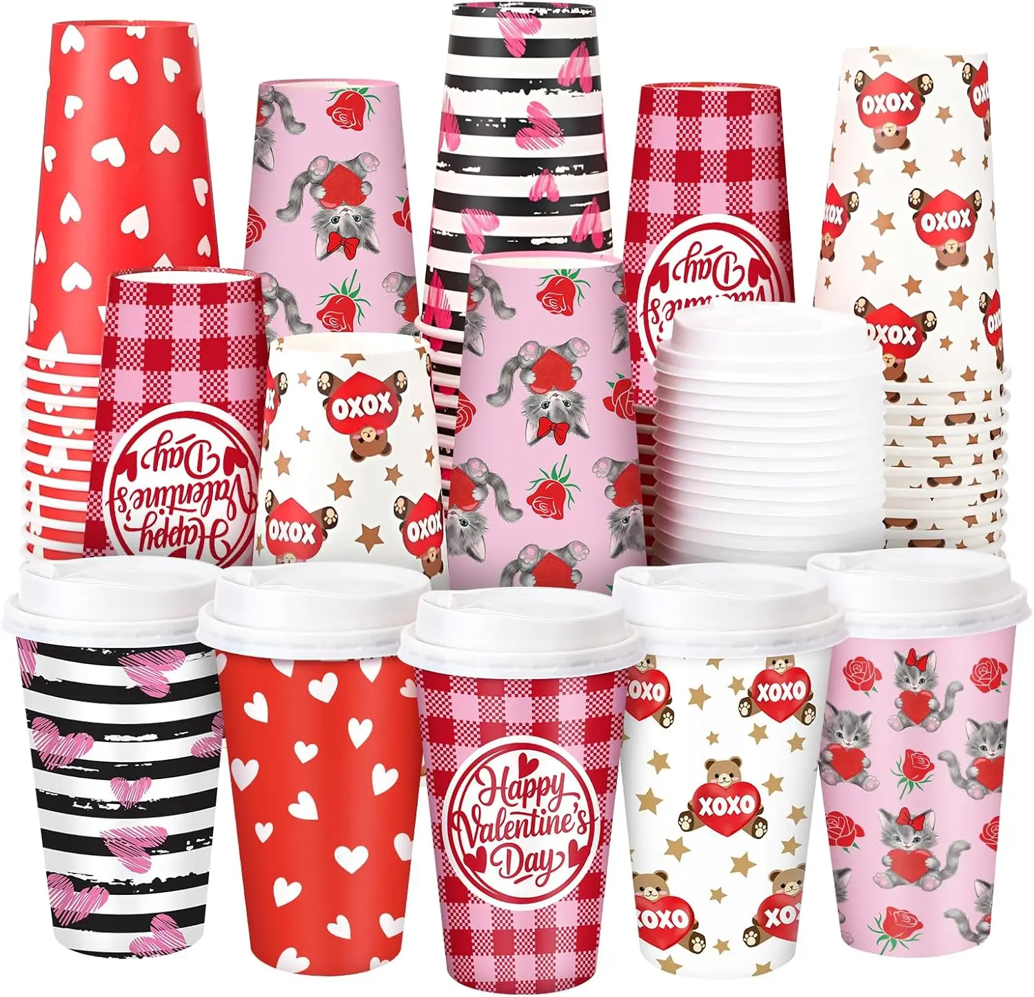 

100 Pack Valentine's Day Disposable Cups 16 oz Pink Red Hearts Bear Stripe Coffee Cups Wedding Anniversary Party Supplie