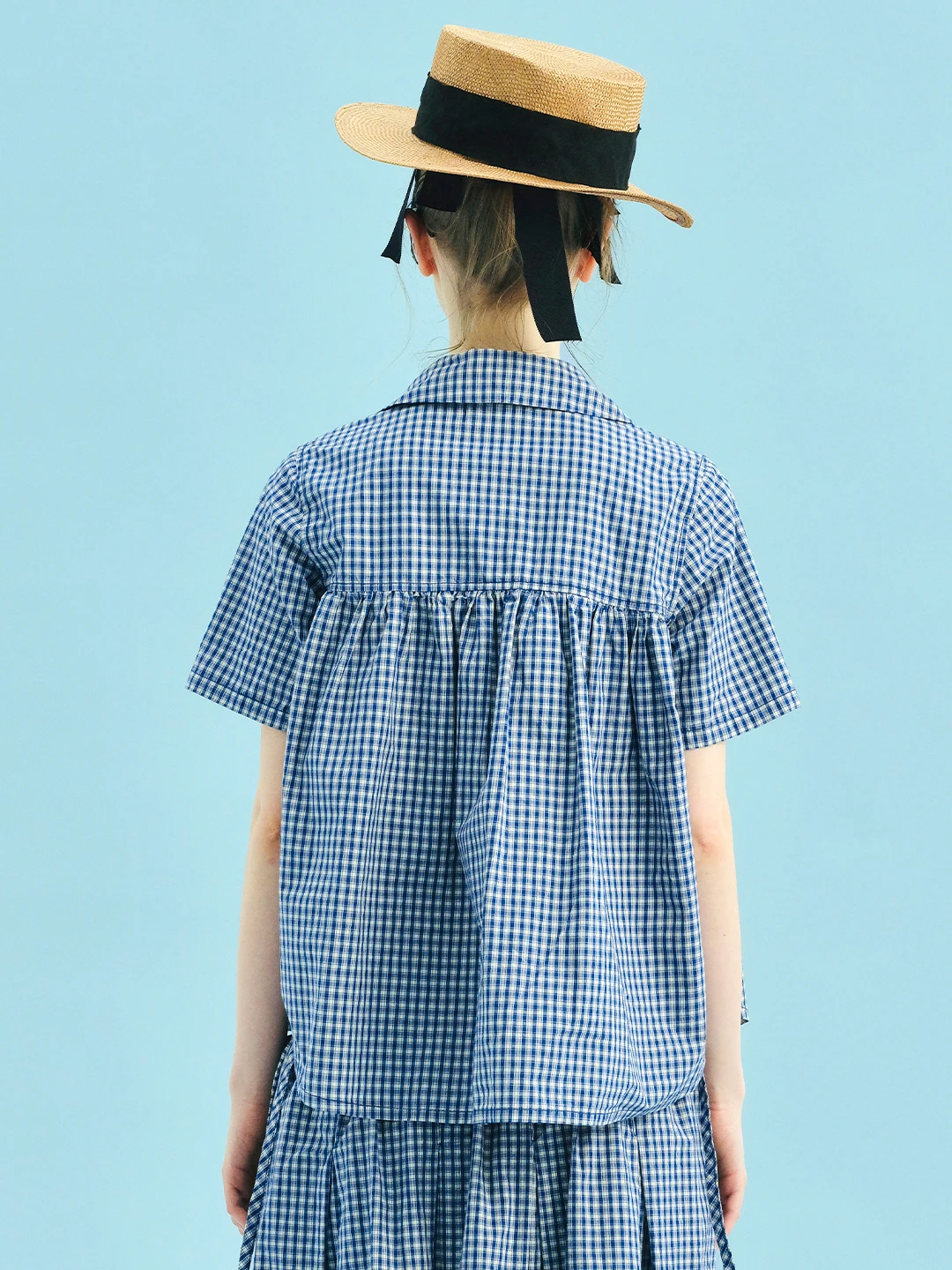 Chemise à carreaux bleue de Style d'été Original, col de poupée lavé en pur coton, dentelle à manches courtes pour dame 255011
