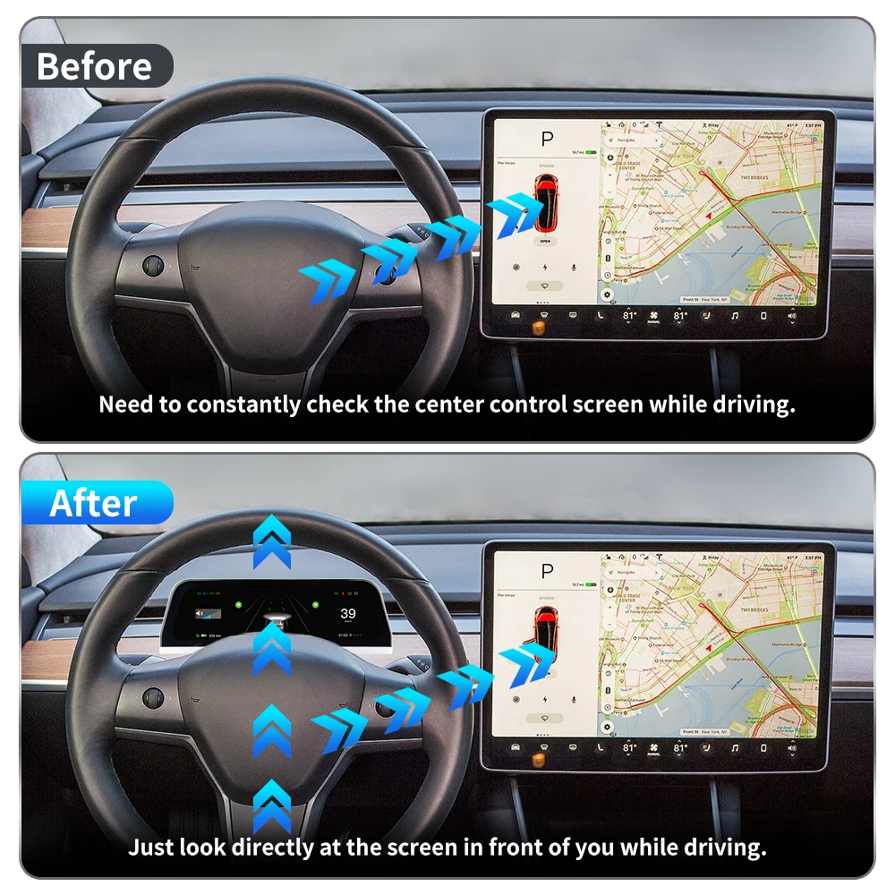 EVKEY For Tesla Model 3 Y Heads Up Display 9.66 Inch Digital Dashboard Heads Up CarPlay Android Auto IPS Screen